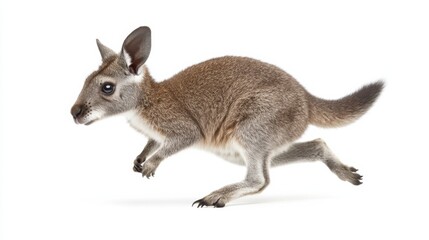 Obraz premium Young kangaroo joyfully hopping against white background