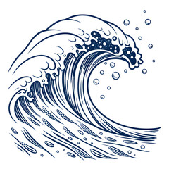 realistic blue water wave with bubbles on transparent