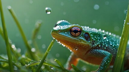 Close up of a green frog sitting in grass covered in water droplets on a blurred green background