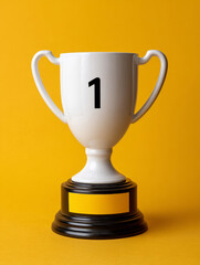 White trophy with number one on yellow background.