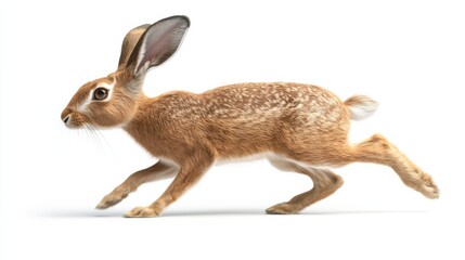 Naklejka premium Energetic brown rabbit mid-stride against a white background