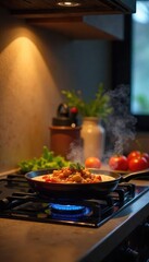 Fototapeta premium Cozy Kitchen Scene Delicious Food Cooking on Stovetop, Warm Lighting, Home-Cooked Meal, Appetizing Aroma, Stir-Frying Vegetables, Inviting Ambiance