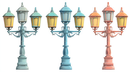 Three decorative, antique-style lampposts in varying pastel shades illuminate a white background with ornate detail and glowing lamps.