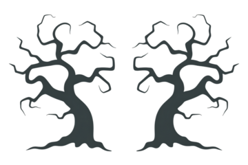 Two spooky gnarled trees isolated on transparent background