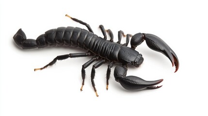Close-up of a black scorpion with detailed body and claws on white background