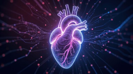 Obraz premium A futuristic 3D render of a digital human heart connected to a neural network