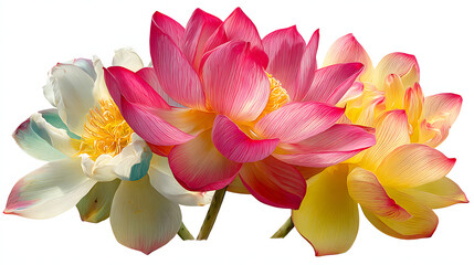 Fototapeta premium A trio of lotus flowers in full bloom, featuring pink, white, and yellow petals, creating a vibrant and serene floral display.