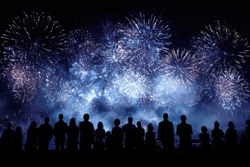 Silhouettes of people watching fireworks at night