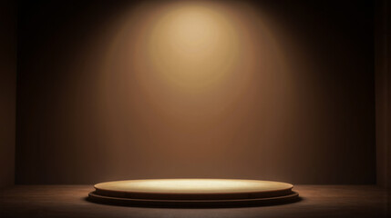Empty stage with warm spotlight, soft glow, wooden floor, dark background, circular platform, artistic concept, warm lighting, elegant venue