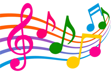 Colorful musical notes and staff isolated on transparent background