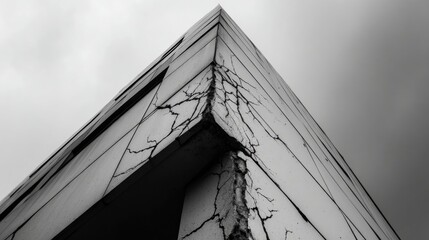 Modern building corner showcases cracked concrete structure against dramatic sky, highlighting architectural details and textures. image evokes sense of decay and resilience