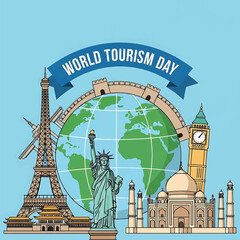 Flat vector illustration of famous world landmarks&mdash;Eiffel Tower, Taj Mahal, Statue of Liberty, Great Wall, World Tourism Day
