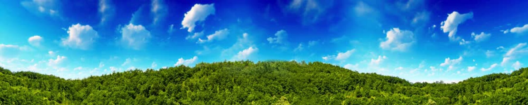 green mountains with trees against a blue sky | looped, widescreen