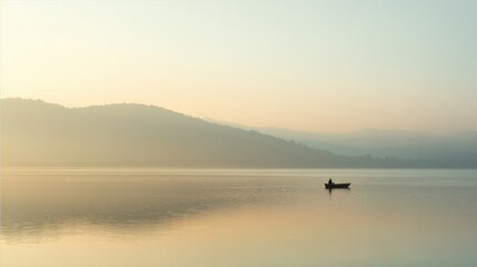 Serene sunrise over tranquil lake, featuring soft pastel reflections on water surface. lone boat floats gently, surrounded by misty mountains in background, evoking sense of peace and solitude