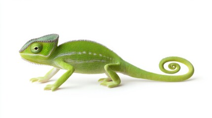 Naklejka premium Green chameleon with spiraled tail on white background