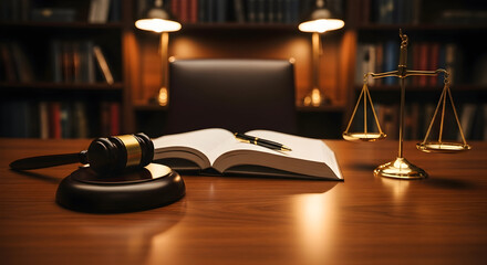 Elegant Justice: A Gavel, Scales, and Law Book in a Sophisticated Setting