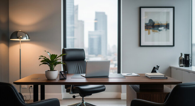Modern office and desk with a skyscraper view from the window