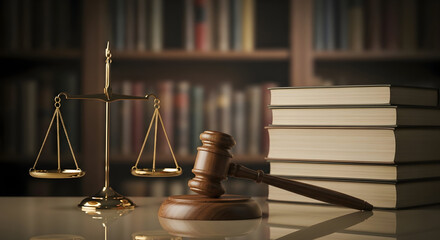 Scales of justice gavel and law books create a legal environment in library