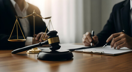 Lawyers working in office signing legal documents with gavel and scales of justice
