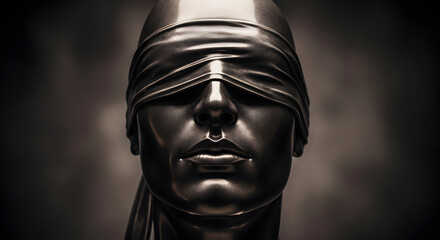Dramatic portrayal of justice symbolized by blindfolded Lady Justice sculpture