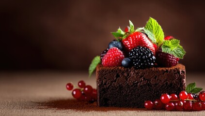 Chocolate brownie topped with fresh berries and mint