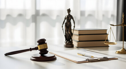 Justice concept with judge gavel, scales, lady justice statue, and legal books on a table