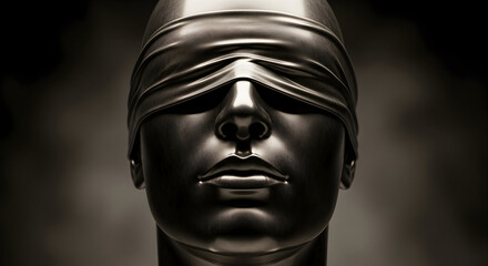 Close-up of a blindfolded statue representing justice and impartiality standing tall