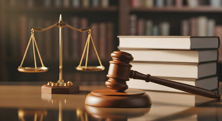 Symbolic Representation of Justice, Law and Jurisprudence with Gavel and Scale set on books