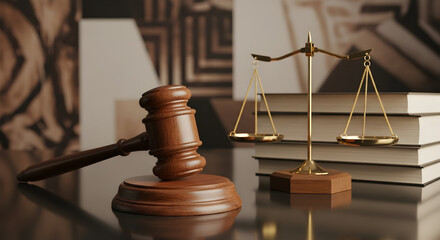 Wooden gavel and scales of justice on a dark reflective surface symbolizing law and order