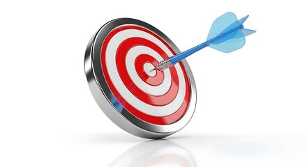 A blue dart hits the bullseye of a red and white target board