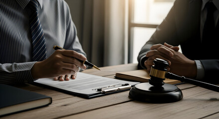Legal professionals reviewing documents with gavel symbolising justice and law concepts