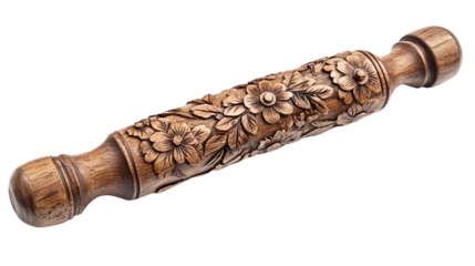 Old wooden rolling pin with floral design isolated on transparent background