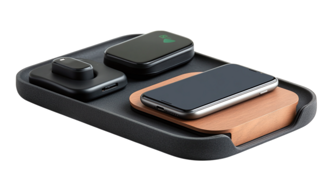 Modern wireless charging desk organizer isolated on transparent background 