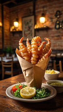 Golden fried seafood Cuoppo Napoletano is placed on a wooden table, served warmly inside a rustic Italian-style restaurant with authentic ambience