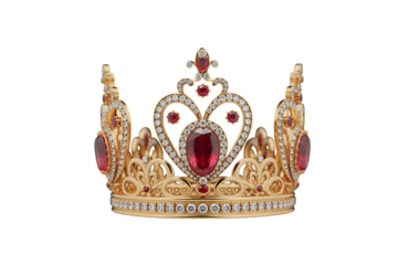 Ornate gold crown with red gems isolated on transparent background