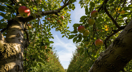 Low-angle view of an apple orchard with unripe apples on a sunny day, against the sky