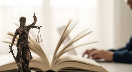 Lady Justice, symbolizing impartiality, knowledge, and legal practice on a desk