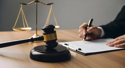Gavel and scales of justice on a desk with a lawyer signing document elegantly representing the