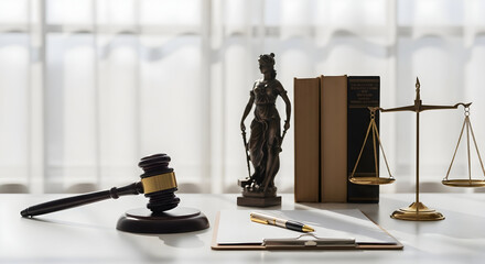 Justice and Law Symbolism in a Courtroom Setting with Gavel and Scales