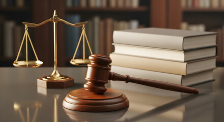Symbolic representation of justice featuring scales, gavel, and law books evoking legal authority