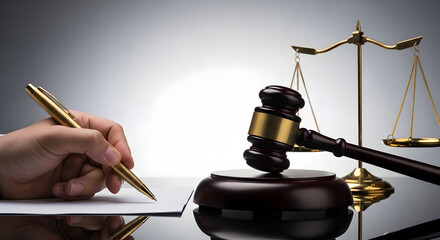 Close up of law concept with judge gavel scales and hand writing document