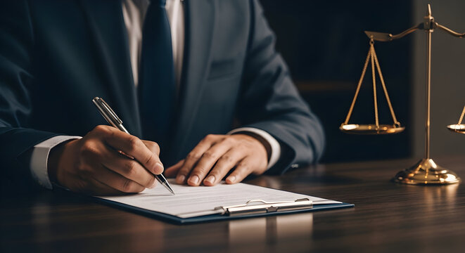 Lawyer signing legal document in office with scales of justice as background representing legal - Powered by Adobe