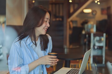 Cheerful Asian woman smiling and laughing while using laptop at modern cafe, representing freelance lifestyle, digital nomad, and online business success.
