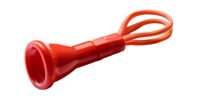 Red plastic whistle isolated on transparent background 