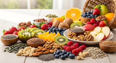 Abundant display of fresh fruits and nutritious seeds for healthy living lifestyle