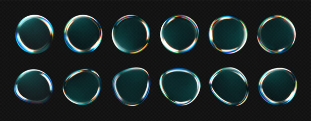 3D water drop icons set with refraction and holographic effects, isolated on a dark background. Transparent liquid glass sphere rendered with dispersion, rainbow gradients. 3D vector morphism