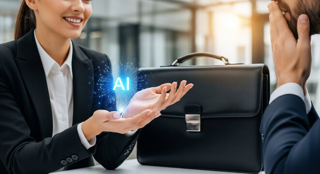 A smiling businesswoman and a businessman proposing an AI-based solution in an office.