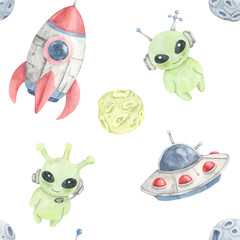 Rockets, green aliens, and flying saucers in a watercolor clipart seamless pattern, ideal for textile printing, greeting card backgrounds, childrens party supplies, and digital designs.