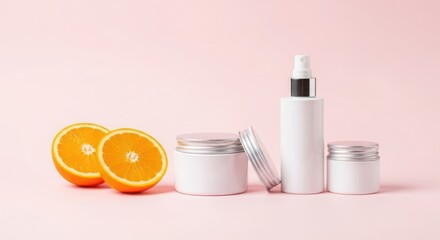 Naklejka premium Cosmetic products with oranges on a pink background, showcasing skincare and beauty items