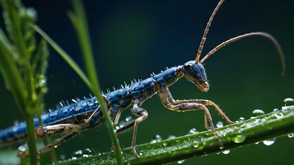 Close up of a blue antlion larva on a green stem with water droplets in a blurred background outdoors